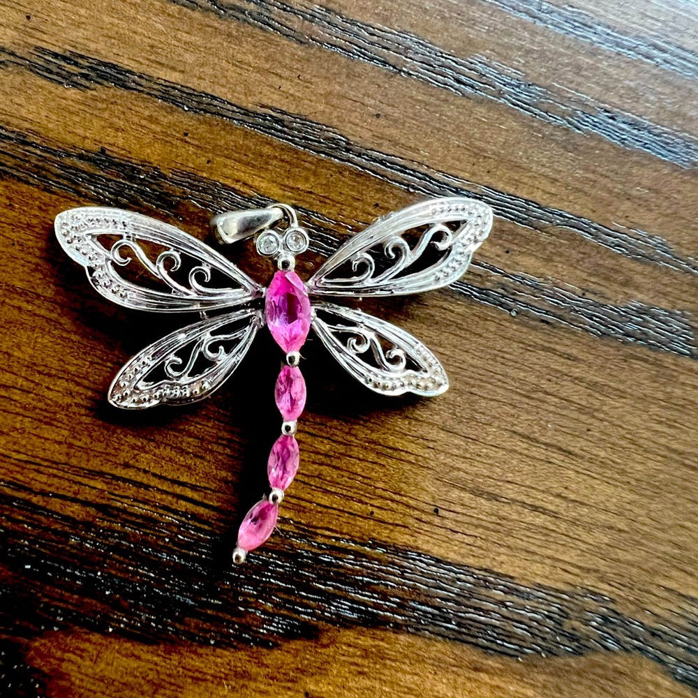 Vintage 10k WG pink sapphire and Diamond Dragonfly pendant